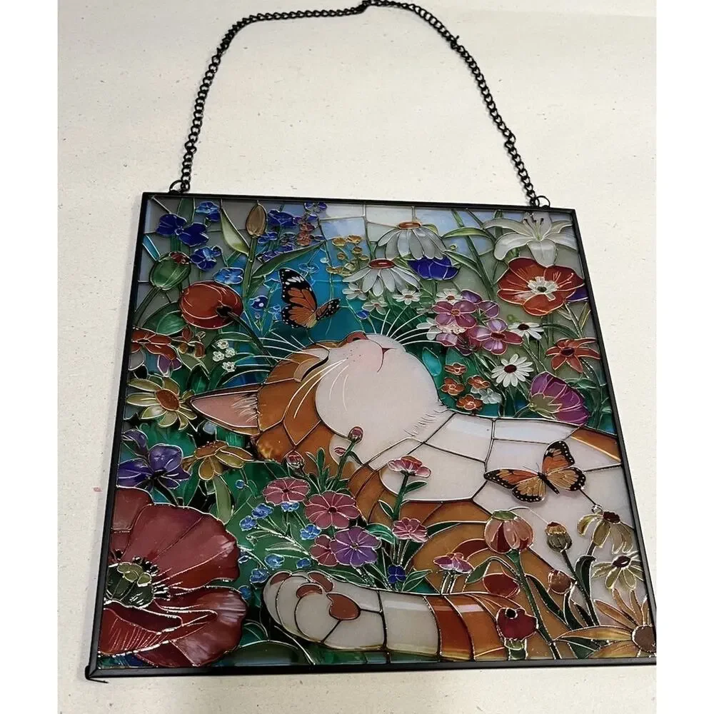 Orange Cat Stained Glass Flowers Suncatcher, Window Tabby Hanging 7 1/4”